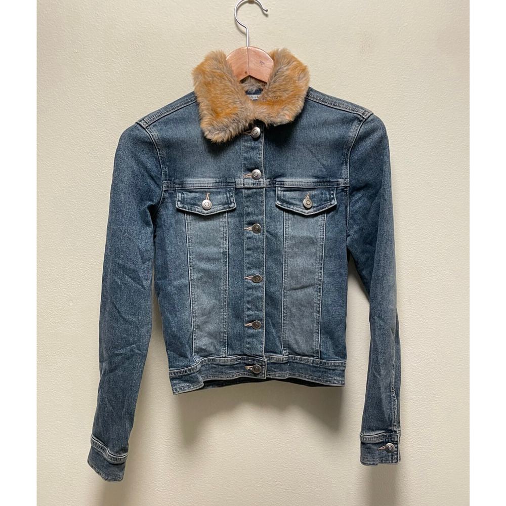Vintage Juniors Jacket Small Blue Denim Faux Fur Stretch Penny Lane 90s Y2K